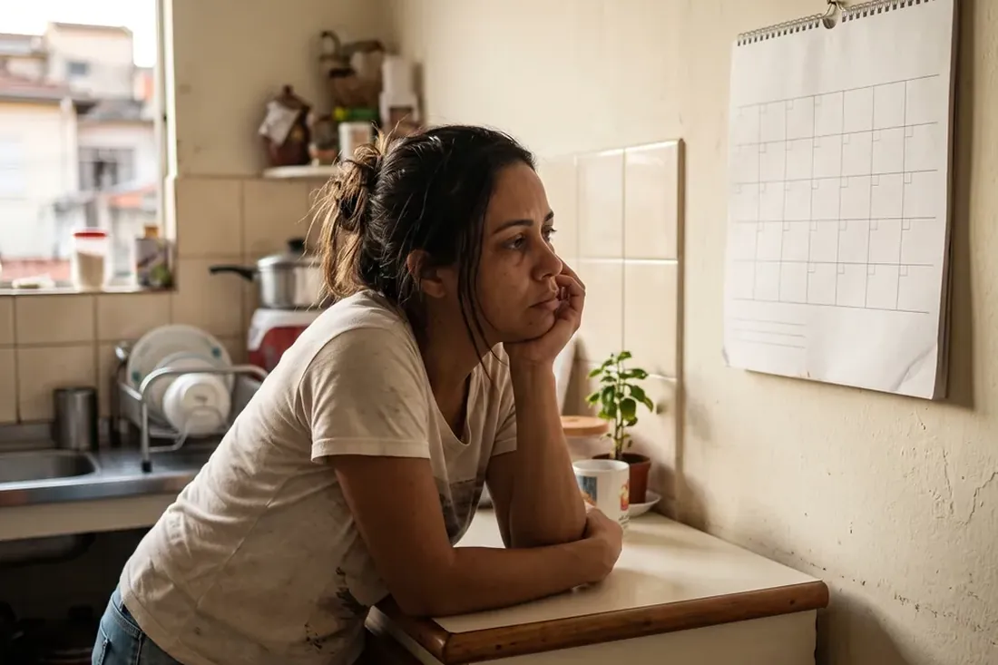 Mulher pensativa apoiada na bancada da cozinha olhando para um calendário de parede