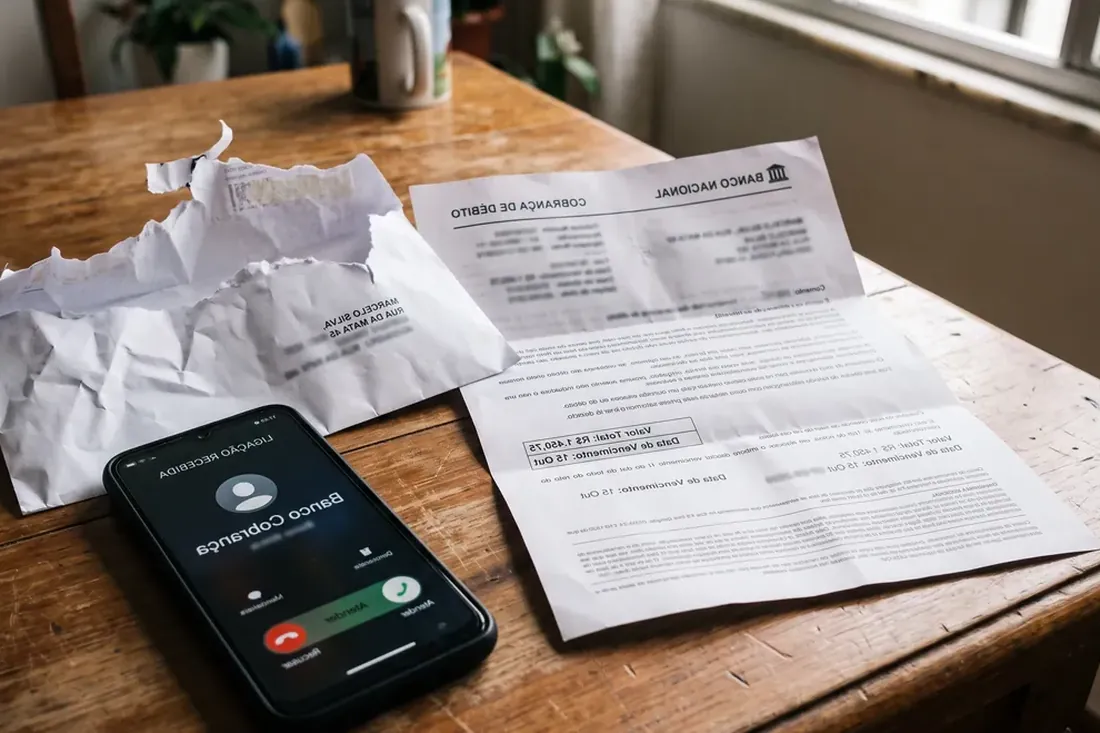 Carta de notificação do banco sobre a mesa ao lado de um celular e de outros papéis