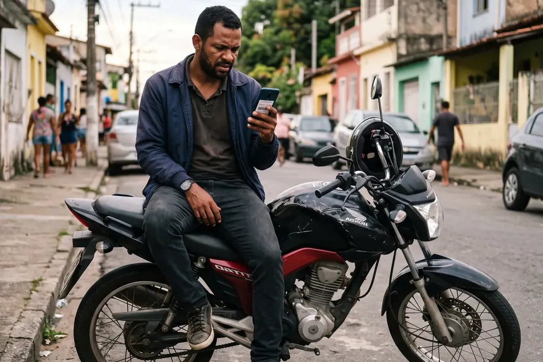 Homem sentado na moto, na rua de um bairro residencial, conferindo o celular