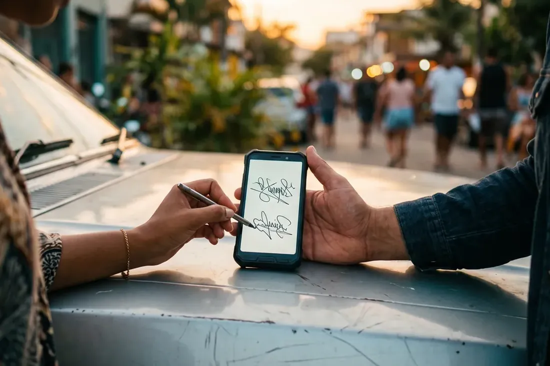 Duas pessoas assinando um documento na tela de um celular apoiado sobre o capô de um carro