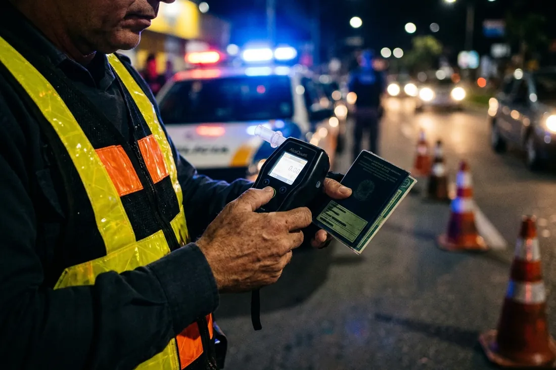Mãos do agente de trânsito segurando o bafômetro e uma carteira de habilitação recolhida