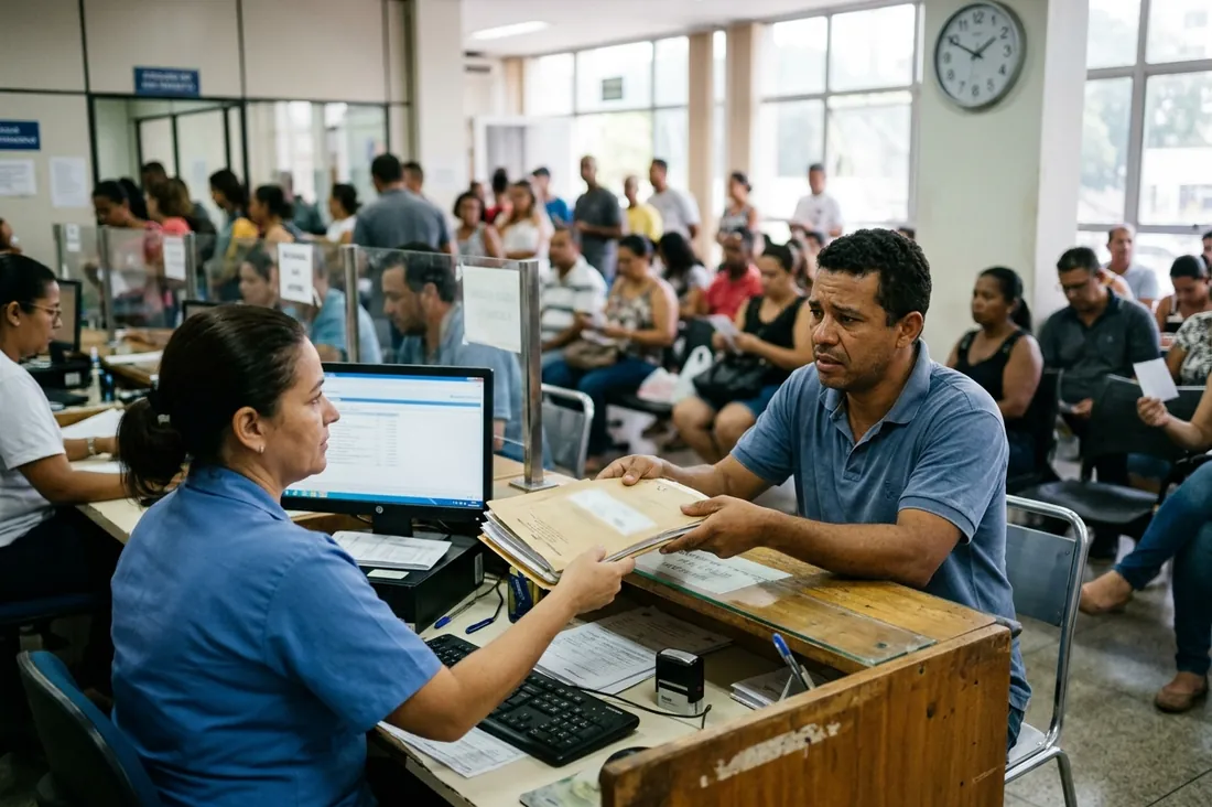 Motorista entrega documentos no balcão de atendimento de um órgão de trânsito, com relógio na parede