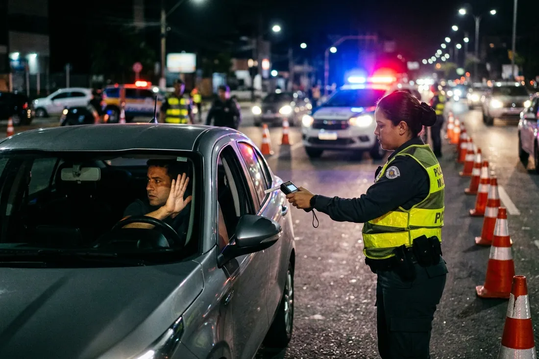 Motorista dentro do carro faz gesto de recusa com a mão enquanto a policial oferece o bafômetro na blitz