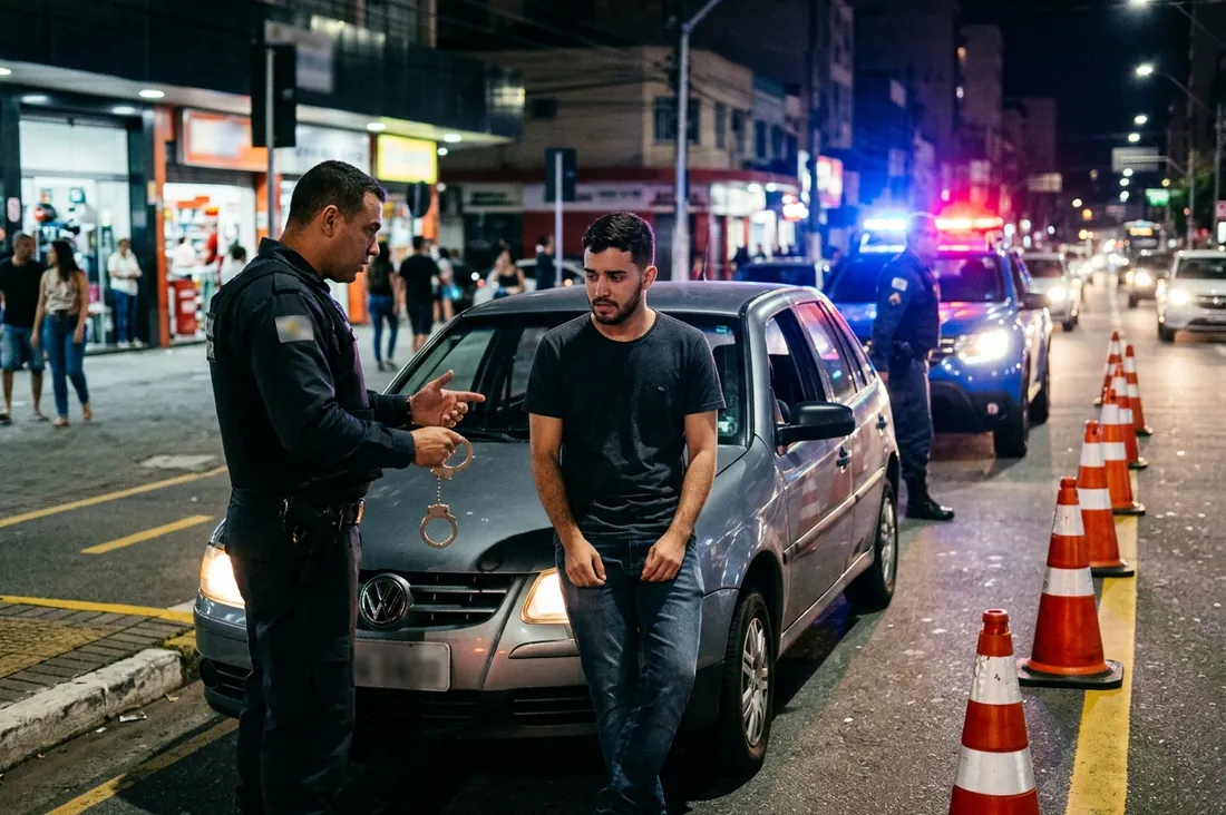 Mulher preocupada sentada na sala de espera de uma delegacia à noite, segurando o celular, vista de lado