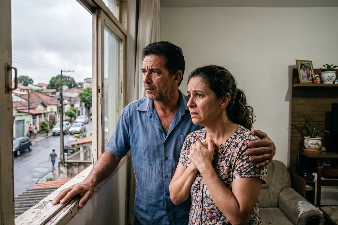 Casal preocupado olhando pela janela de casa