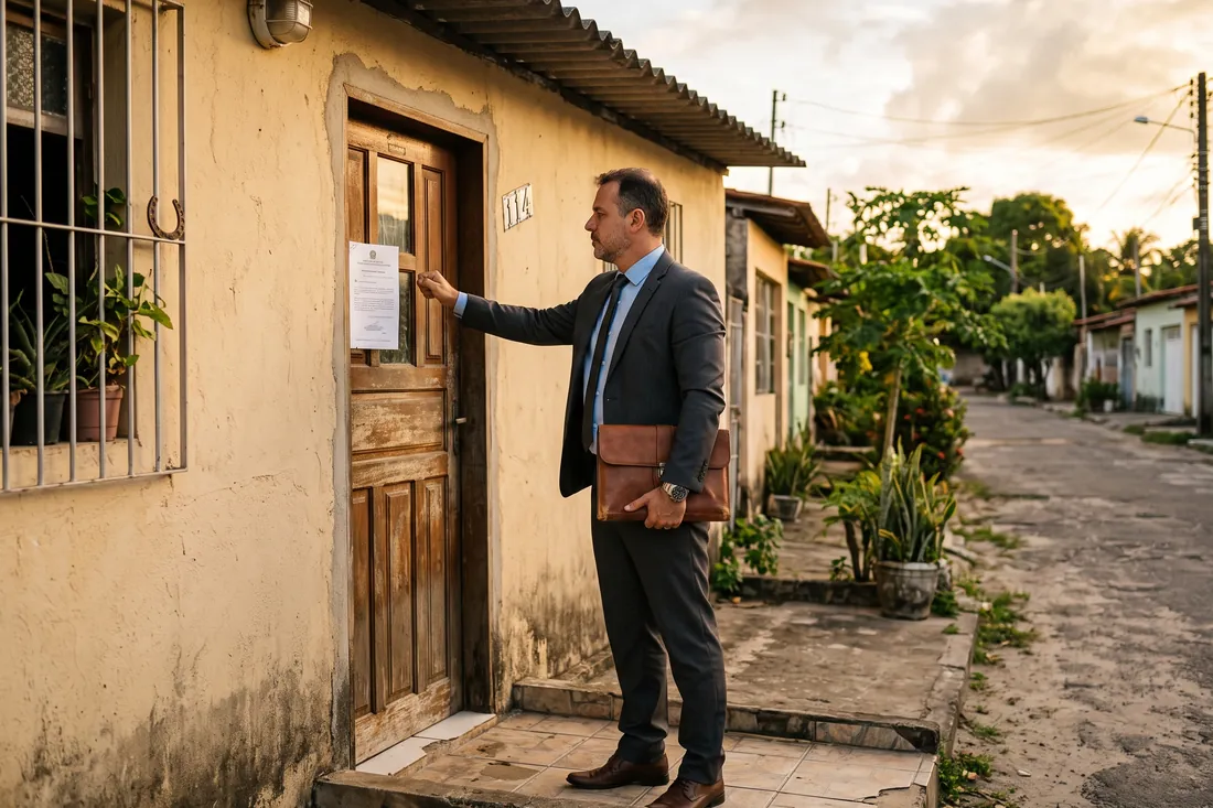 Oficial de justiça bate à porta de uma casa simples para cumprir mandado de busca e apreensão