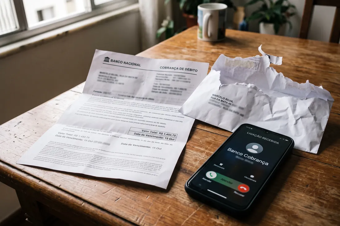 Carta de notificação do banco sobre a mesa ao lado de um celular e outros papéis amassados