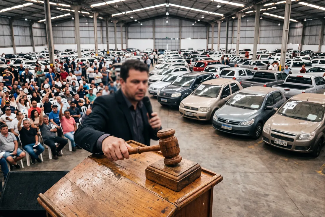 Leiloeiro com martelo em pátio cheio de carros apreendidos e público assistindo