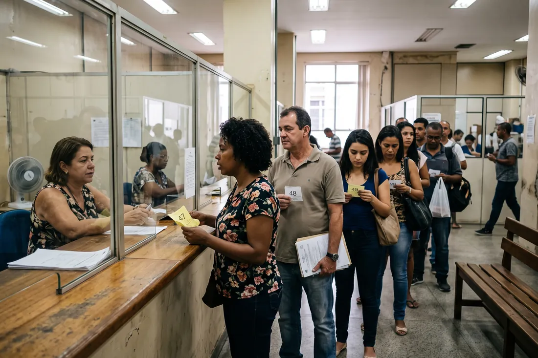 Fila de pessoas com documentos no balcão de atendimento de uma repartição pública