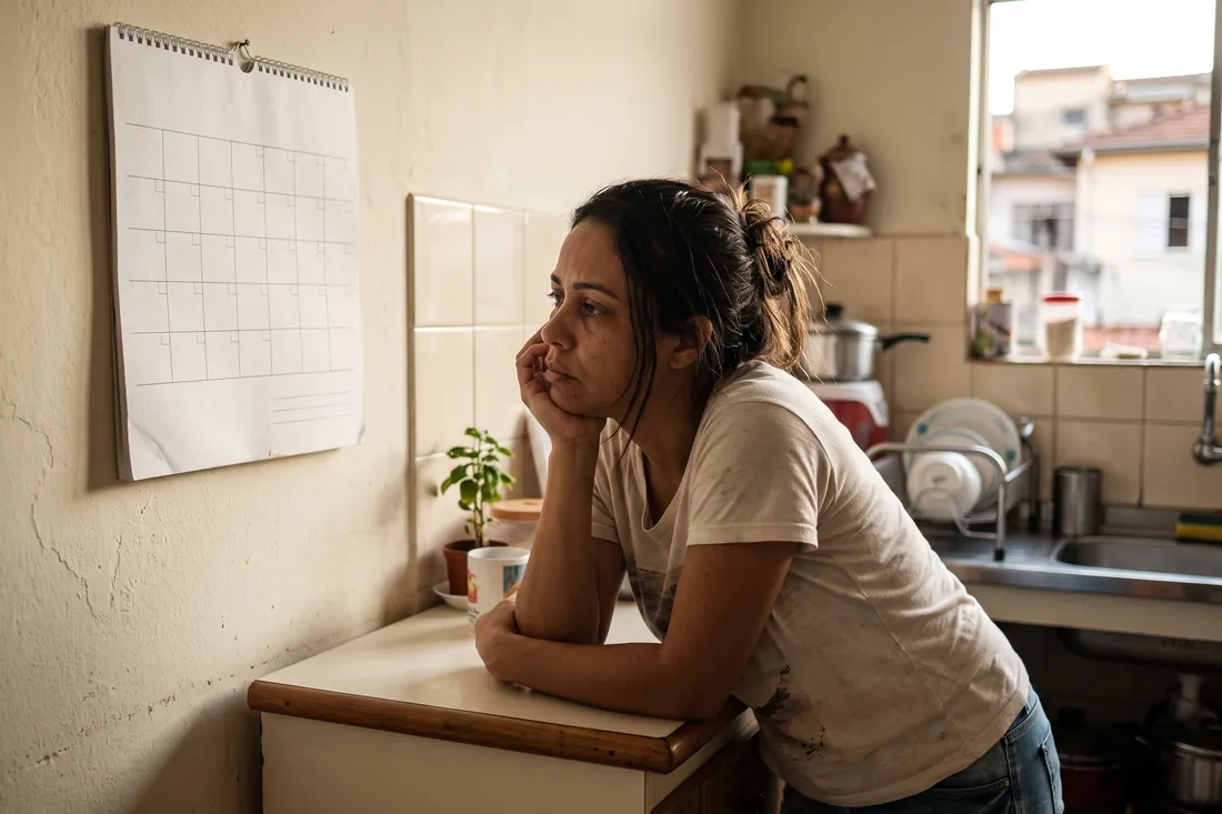 Mulher apoiada no balcão da cozinha olha pensativa para um calendário pendurado na parede