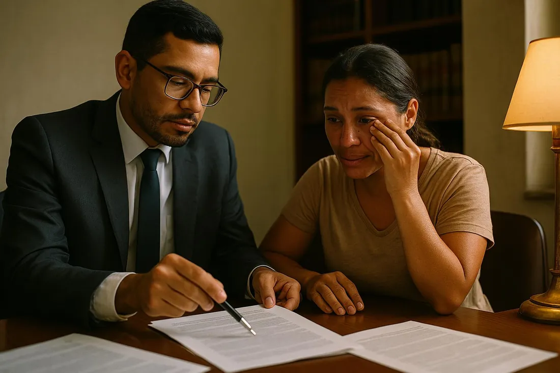 Advogado mostra com a caneta um trecho do contrato a uma mulher preocupada, sentados à mesa do escritório