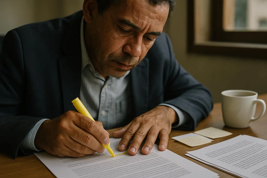 Advogado marcando com caneta marca-texto um trecho de contrato impresso sobre a mesa, com post-its e uma xícara de café