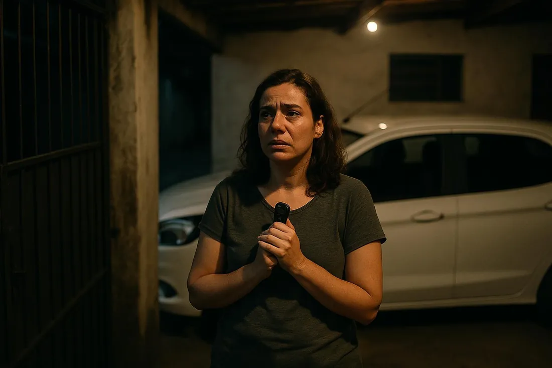 Mulher aflita segurando a chave do carro contra o peito, na garagem de casa à noite, com um carro branco ao fundo