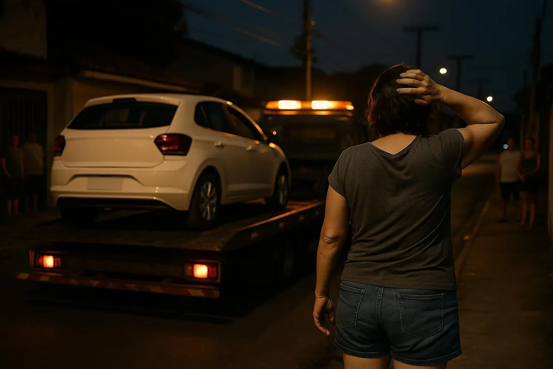 Mulher de costas, com a mão na cabeça, observa um guincho levar um carro branco numa rua residencial à noite