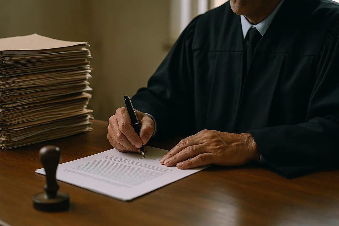 Mão de um juiz de toga assinando uma decisão sobre a mesa de madeira, com pilha de processos e carimbo ao lado