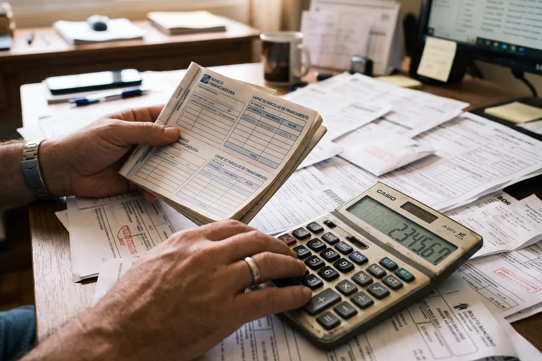 Mãos conferindo boletos de parcelas do financiamento com uma calculadora