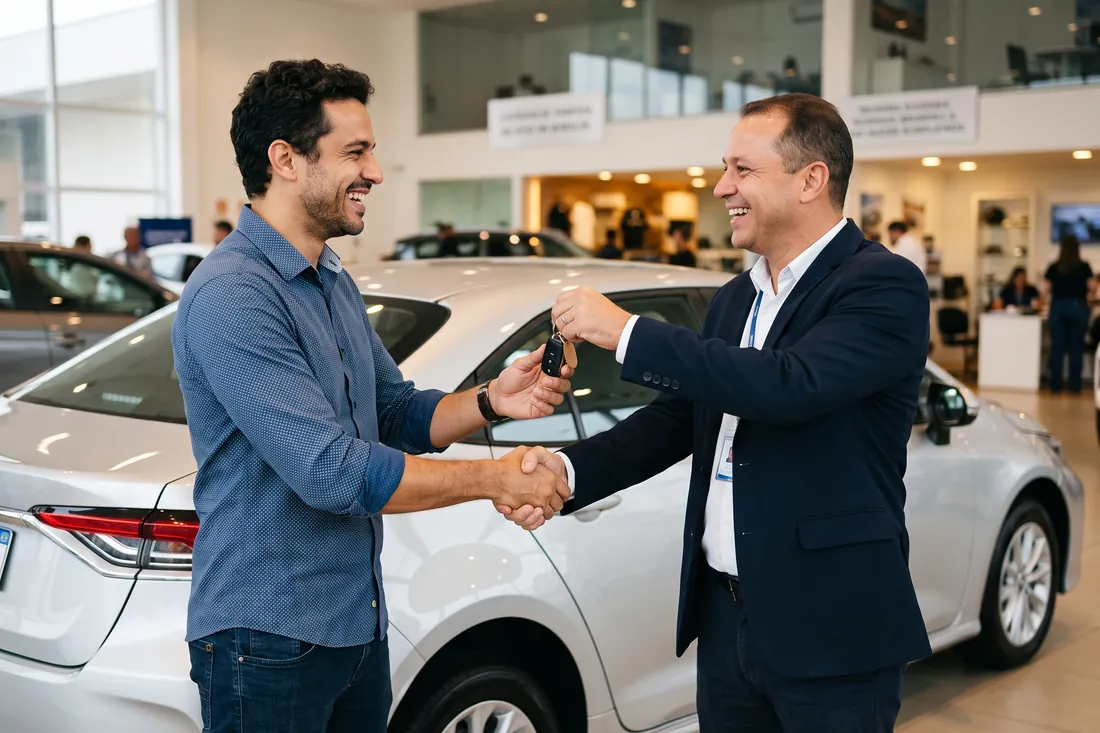 Cliente apertando a mão do vendedor e recebendo a chave do carro na concessionária