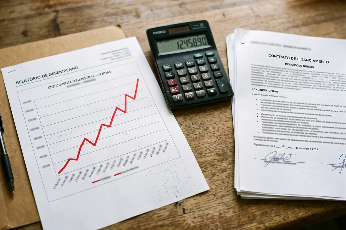 Relatório com gráfico de juros subindo, calculadora e contrato de financiamento sobre a mesa