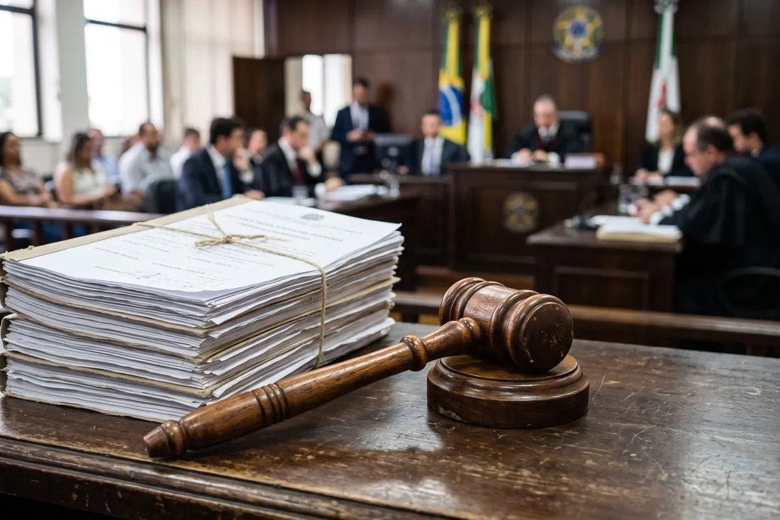 Sala de audiência com processos empilhados e martelo do juiz em primeiro plano
