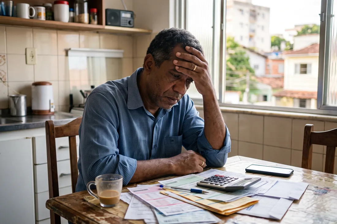 Homem preocupado à mesa da cozinha, com contas, boletos e calculadora