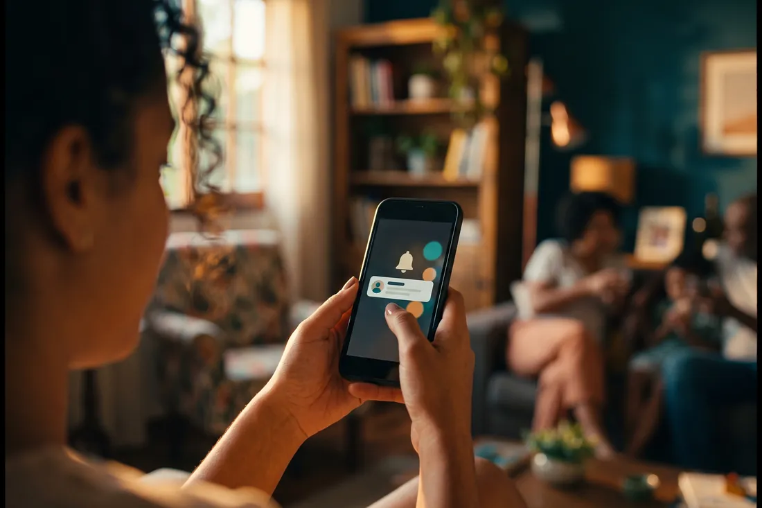 Pessoa segura o celular com uma notificação na tela, sentada na sala de casa
