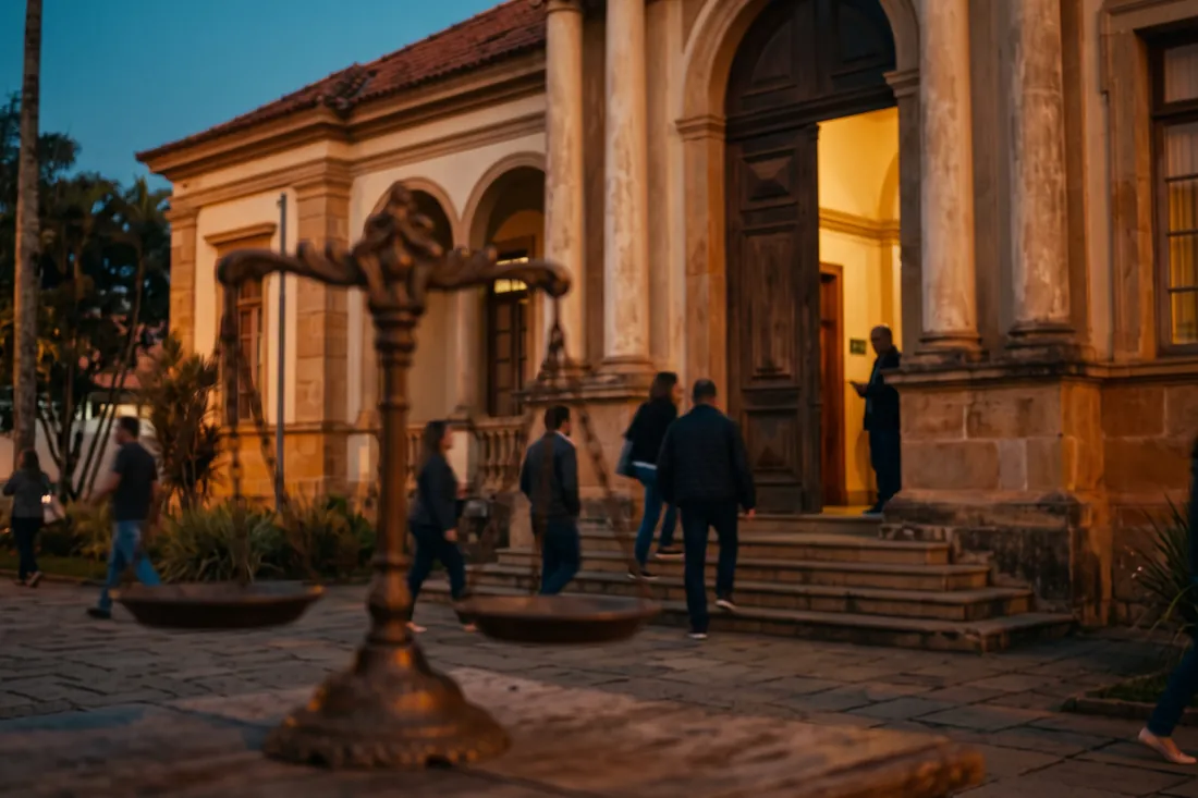 Fachada antiga de um fórum ao entardecer, com uma escultura de balança da justiça em primeiro plano