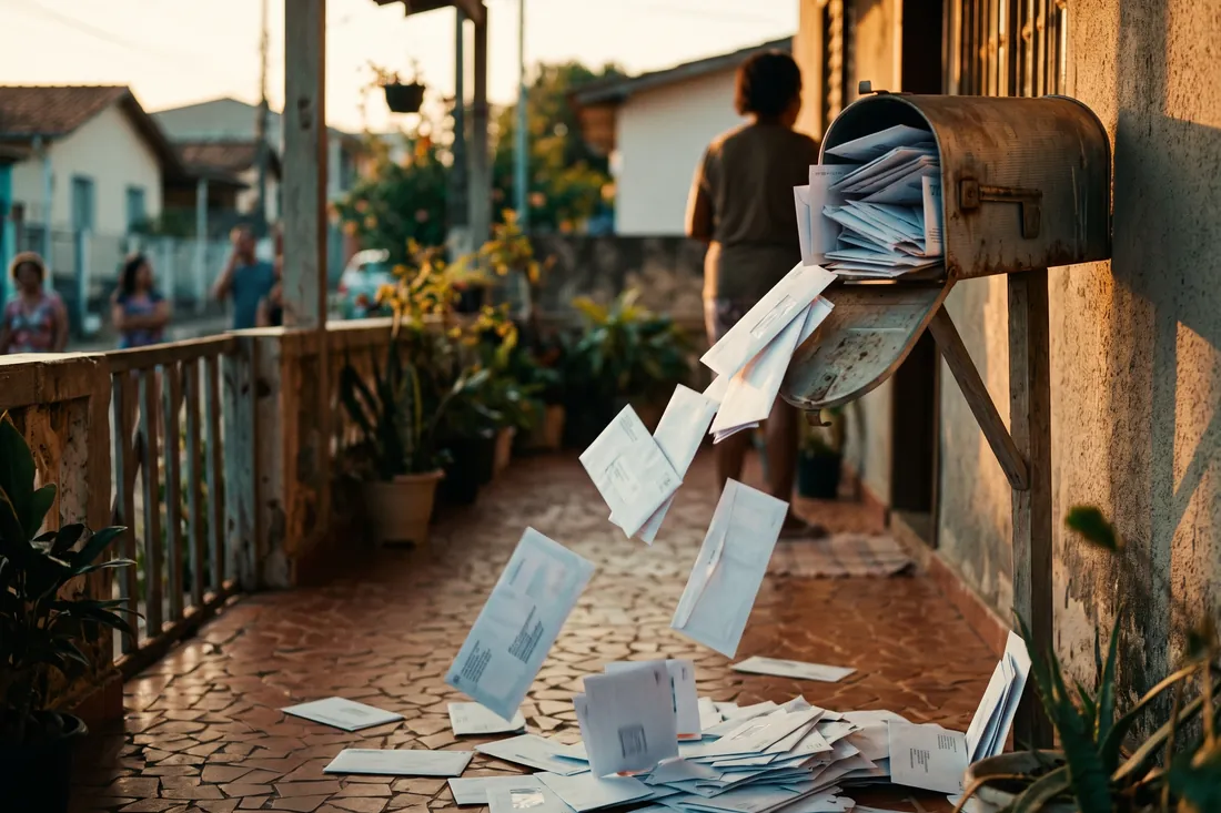 Caixa de correio transbordando de cartas e envelopes que caem no chão da varanda de uma casa