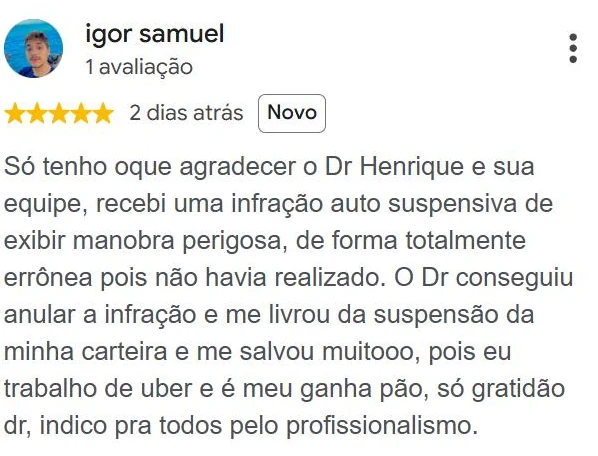 Avaliação 5 estrelas de igor samuel no Google