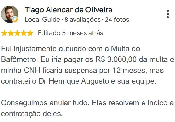 Avaliação 5 estrelas de Tiago Alencar de Oliveira no Google