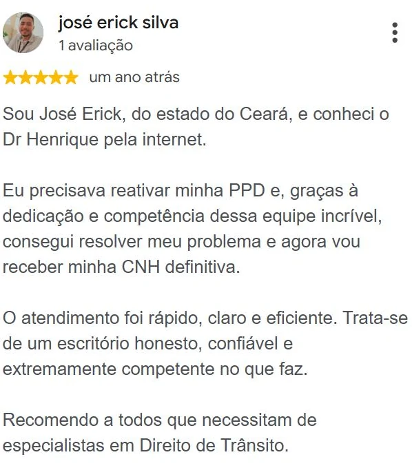 Avaliação 5 estrelas de josé erick silva no Google