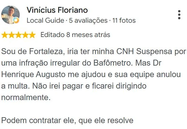 Avaliação 5 estrelas de Vinícius Floriano no Google
